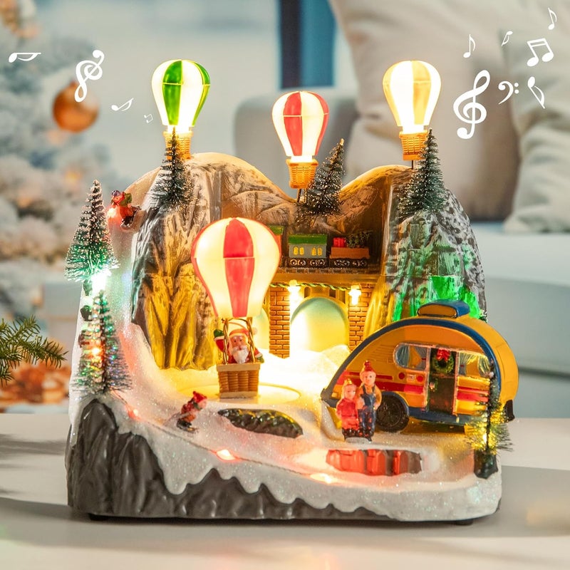Vigdur Christmas Village Houses with LED Lights, Hot Air Balloons, Snow Mountain, 8 Christmas Music, Animation Village Indoor Tabletop Decorations for Home - Image 1